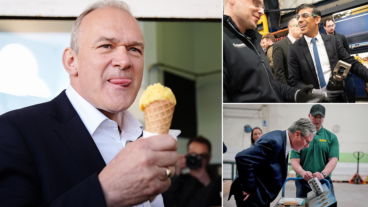 What a melt! Lib Dem’s Ed Davey laps up a yellow ice cream on seaside trip as second day of the election campaign sees party leaders engage in photo op one-upmanship with Rishi donning googles in factory visit and Keir visiting builders’ merchant [Video]