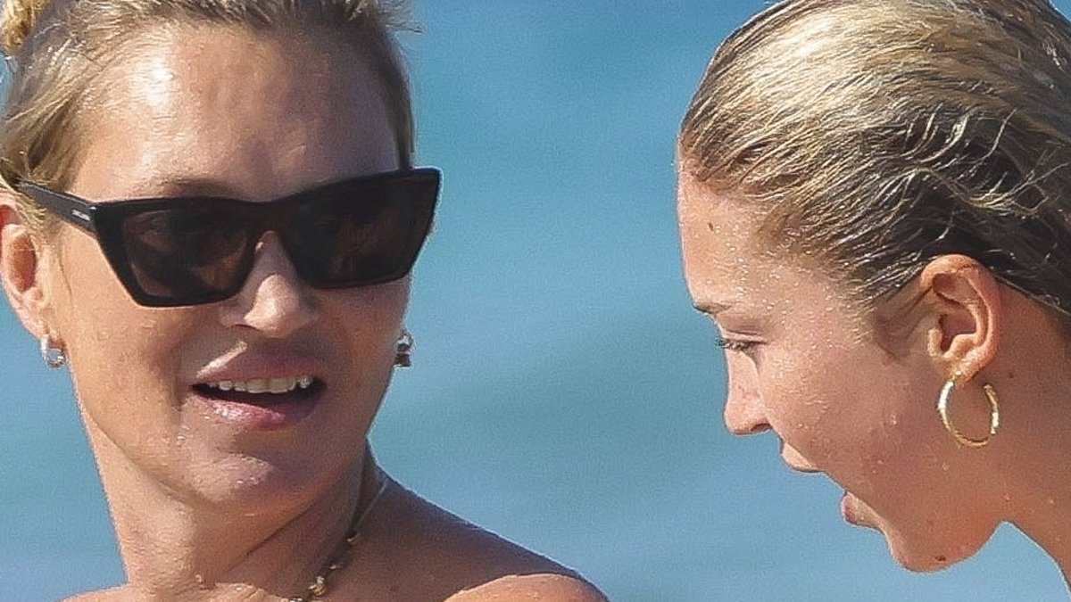 Kate Moss, 50, shows off her supermodel physique in a black swimsuit as she joins bikini-clad daughter Lila, 21, in the Mediterranean during sunshine beach break in Ibiza [Video]